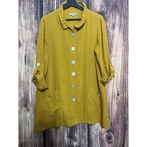 John Mark Yellow Tunic Top Blouse M 3/4 Sleeve Lagenlook Buttons